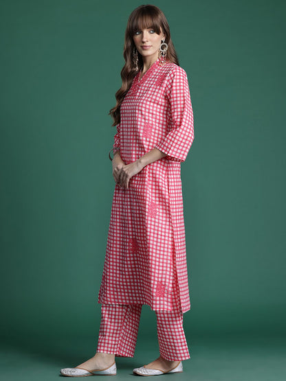 Dhiyona IE Checked Thread Work Pure Cotton Kurta with Trousers