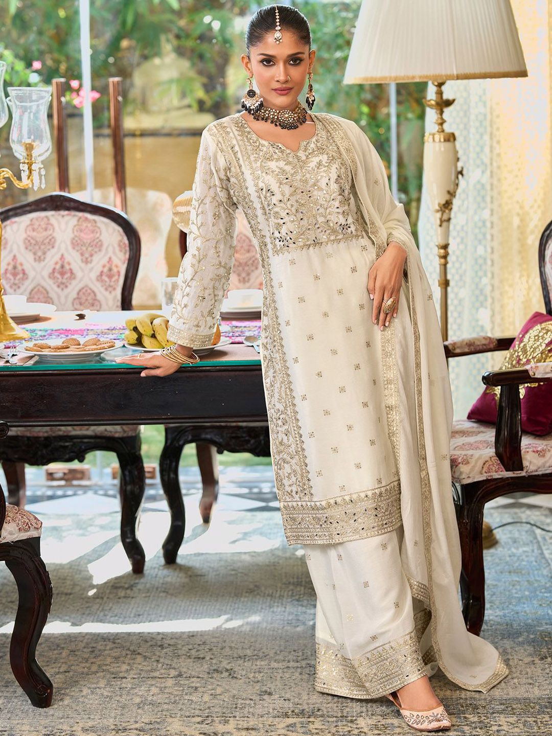 Dhiyona IE Floral Embroidered Notch Neck Mirror Work Straight Kurta With Palazzos & Dupatta
