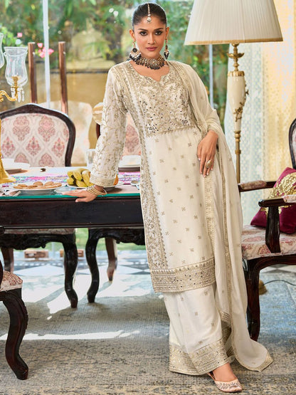 Dhiyona IE Floral Embroidered Notch Neck Mirror Work Straight Kurta With Palazzos & Dupatta