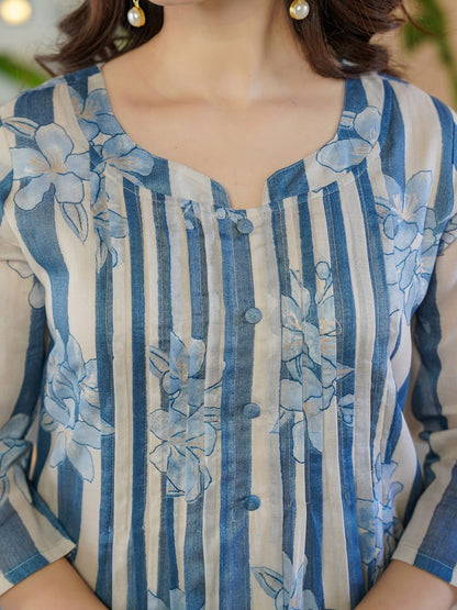 Dhiyona IE Floral Printed Round Neck A-Line Pure Cotton Kurta With Trousers