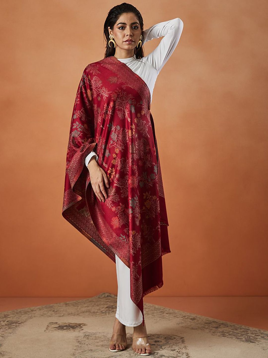 Dhiyona PA Floral Woven Design Fringed Shawl