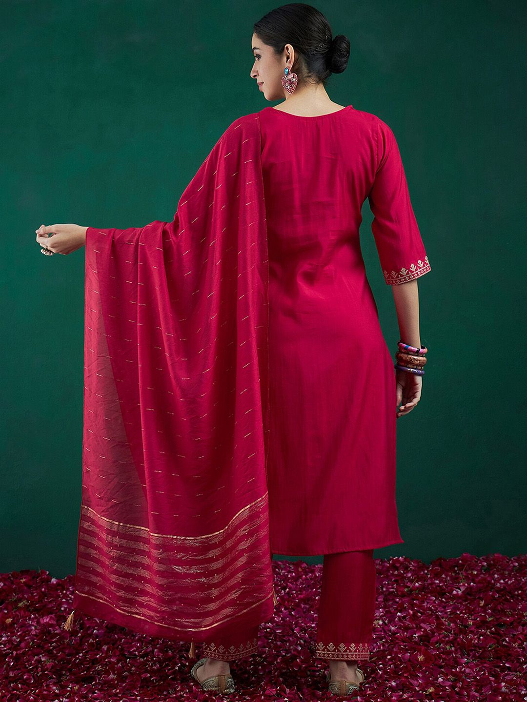 Dhiyona IE Embroidered Sequinned Chanderi Silk Straight Kurta With Trousers & Dupatta