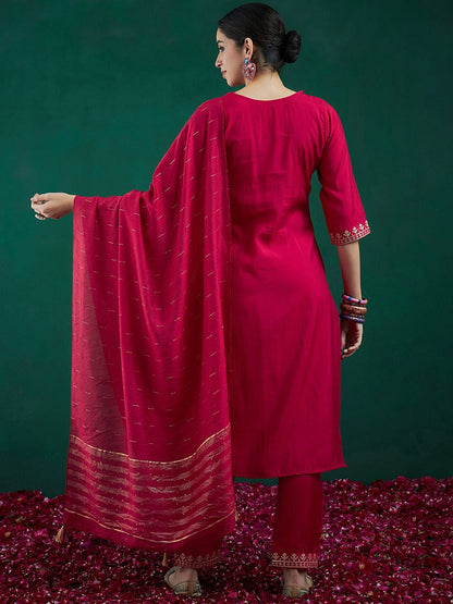 Dhiyona IE Embroidered Sequinned Chanderi Silk Straight Kurta With Trousers & Dupatta