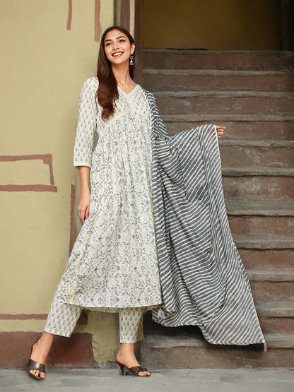 Dhiyona IS Women's Ethnic Motifs Printed V-Neck Pure Cotton Anarkali Kurta with Trousers & Dupatta