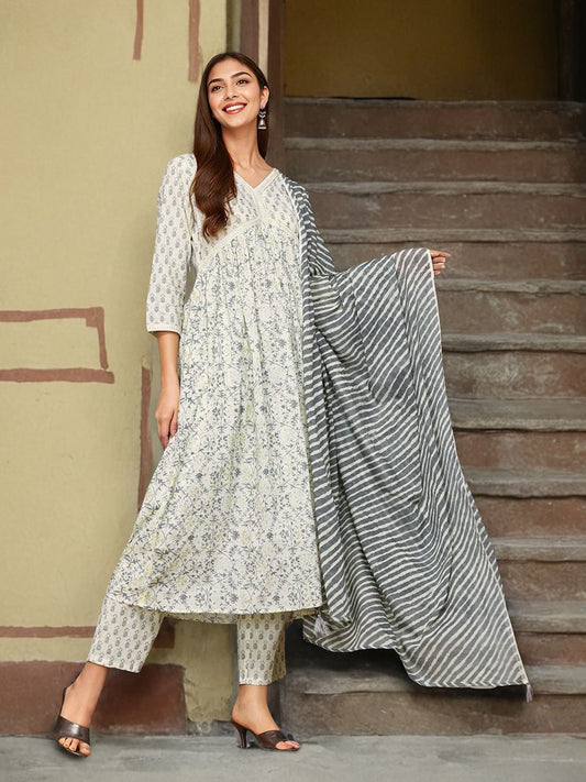 Dhiyona IS Women's Ethnic Motifs Printed V-Neck Pure Cotton Anarkali Kurta with Trousers & Dupatta