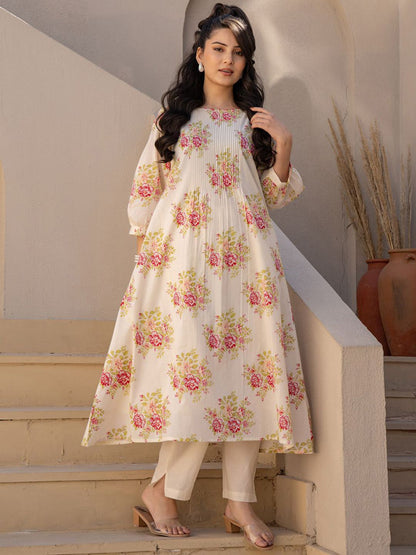 Dhiyona IE Floral Printed A Line Pure Cotton Kurta With Trousers