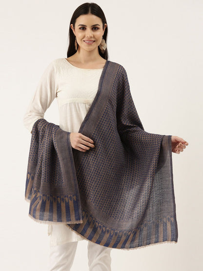 Dhiyona PA Women Navy Blue & Beige Woven-Design Woolen Shawl