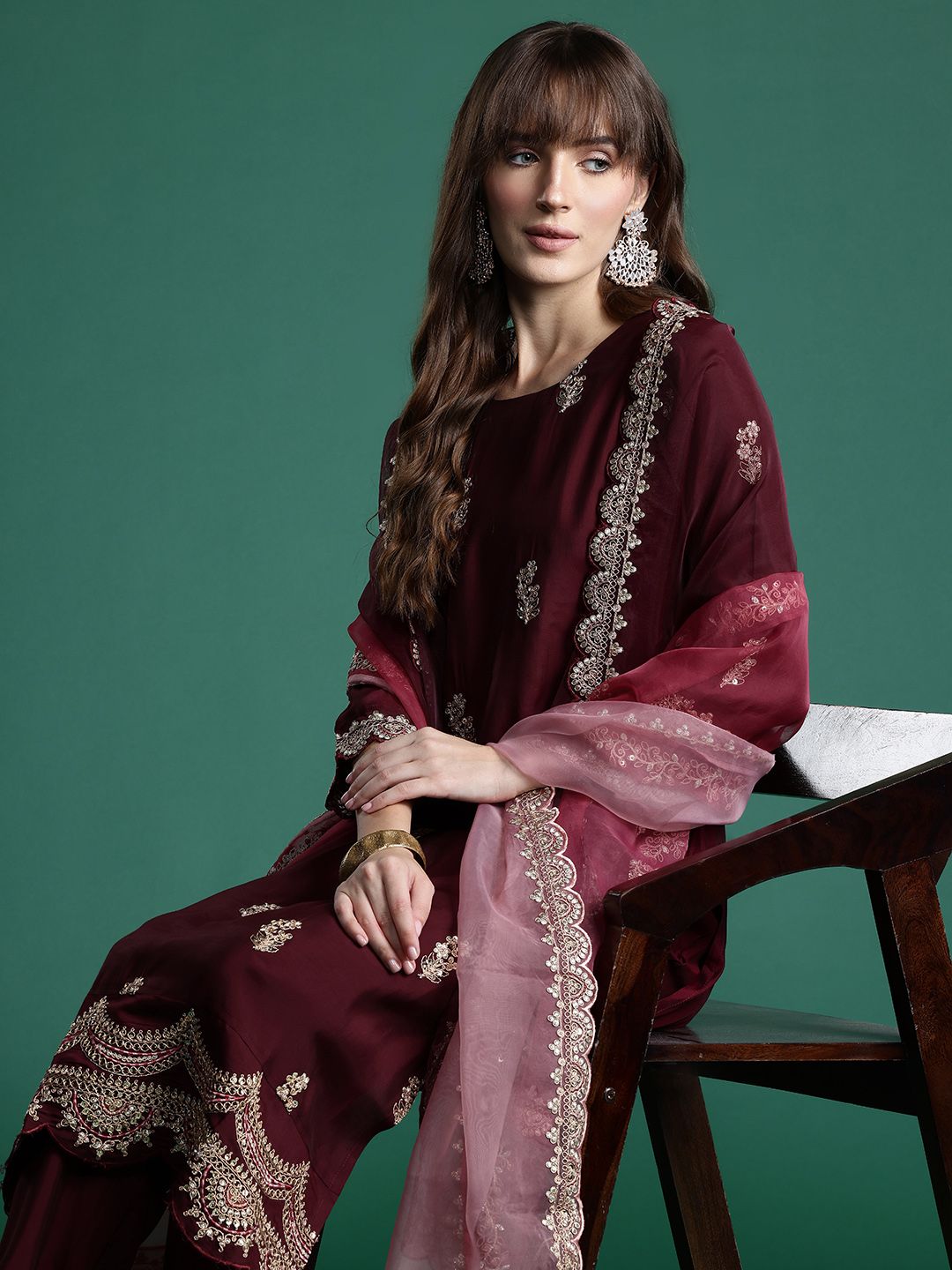 Dhiyona IE Floral Embroidered Sequinned Kurta With Trousers & Dupatta