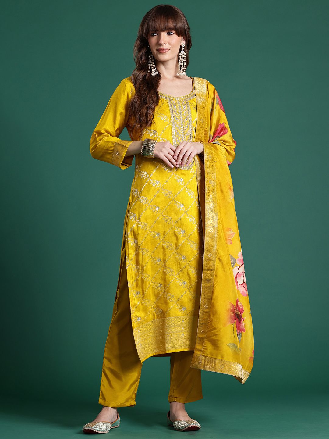 Ethnic Motifs Yoke Design Thread Work Kurta With Trousers & Dupatta