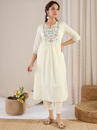 Women Floral Embroidered Cotton Kurta with Trousers & Dupatta