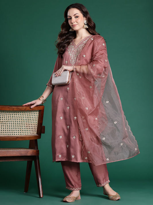 Dhiyona IE Ethnic Motifs Embroidered Sequinned Kurta with Trousers & With Dupatta
