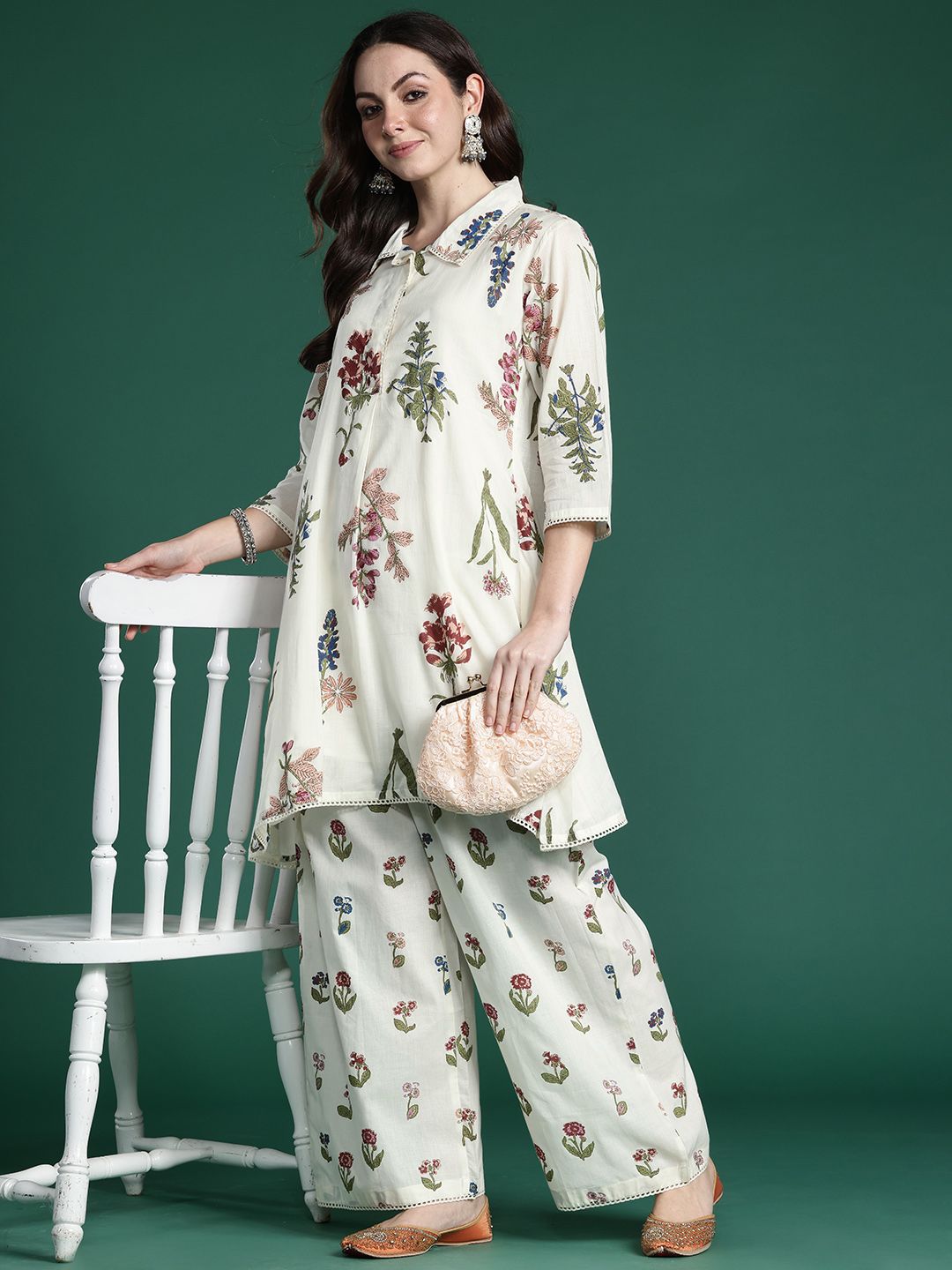 Dhiyona IE Floral Printed Pure Cotton A-Line Kurta with Palazzos