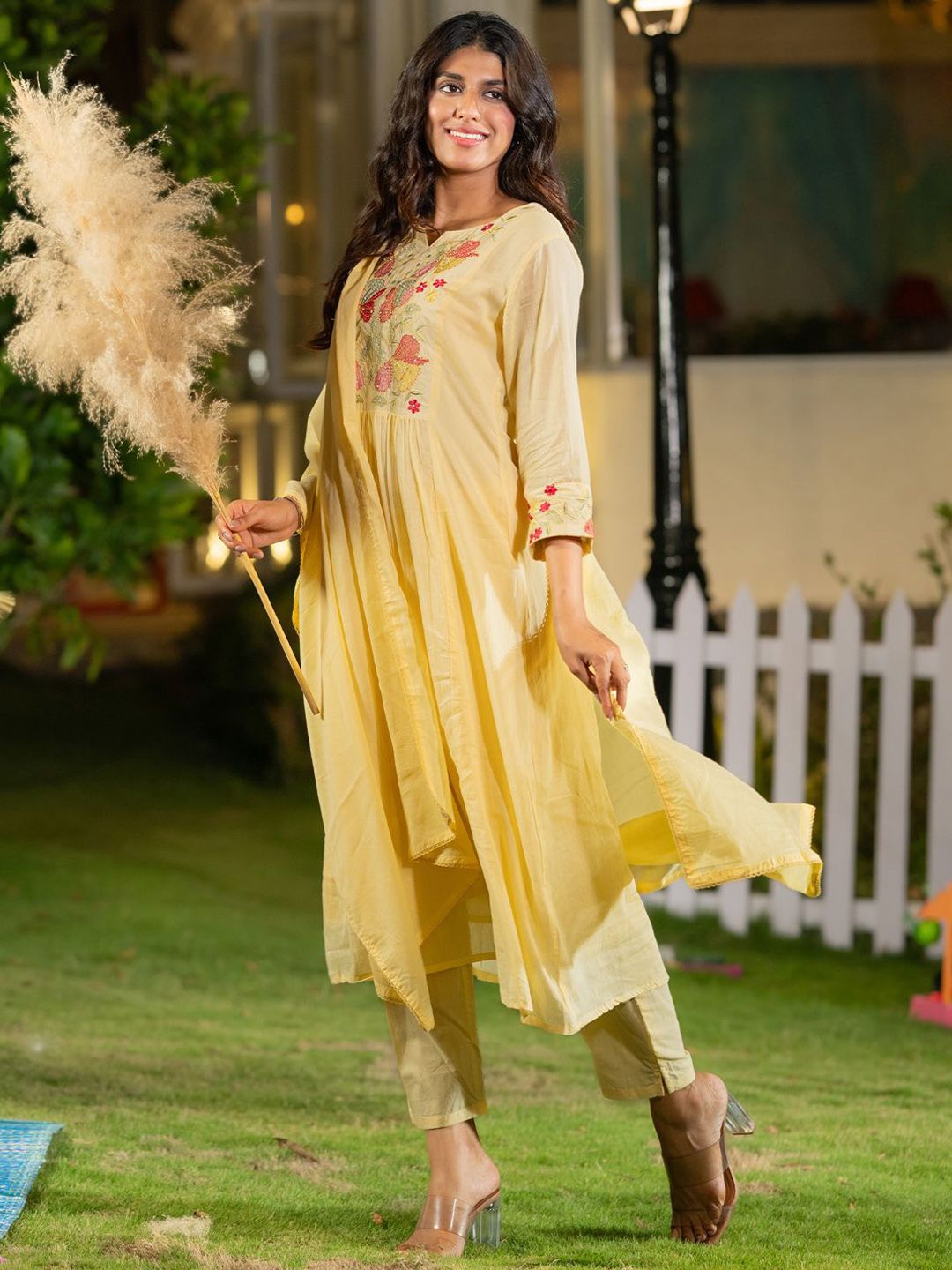 Floral Yoke Design Thread Work Pure Cotton A-Line Kurta With Trousers & Dupatta