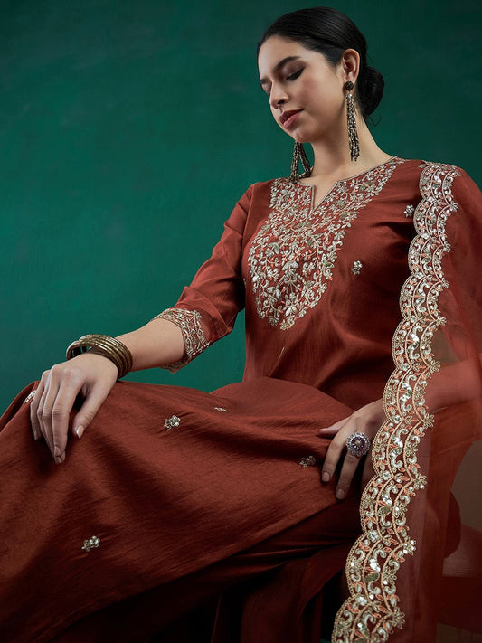 Dhiyona IE Ethnic Motifs Embroidered Regular Liva Zari Kurta With Trousers & Dupatta