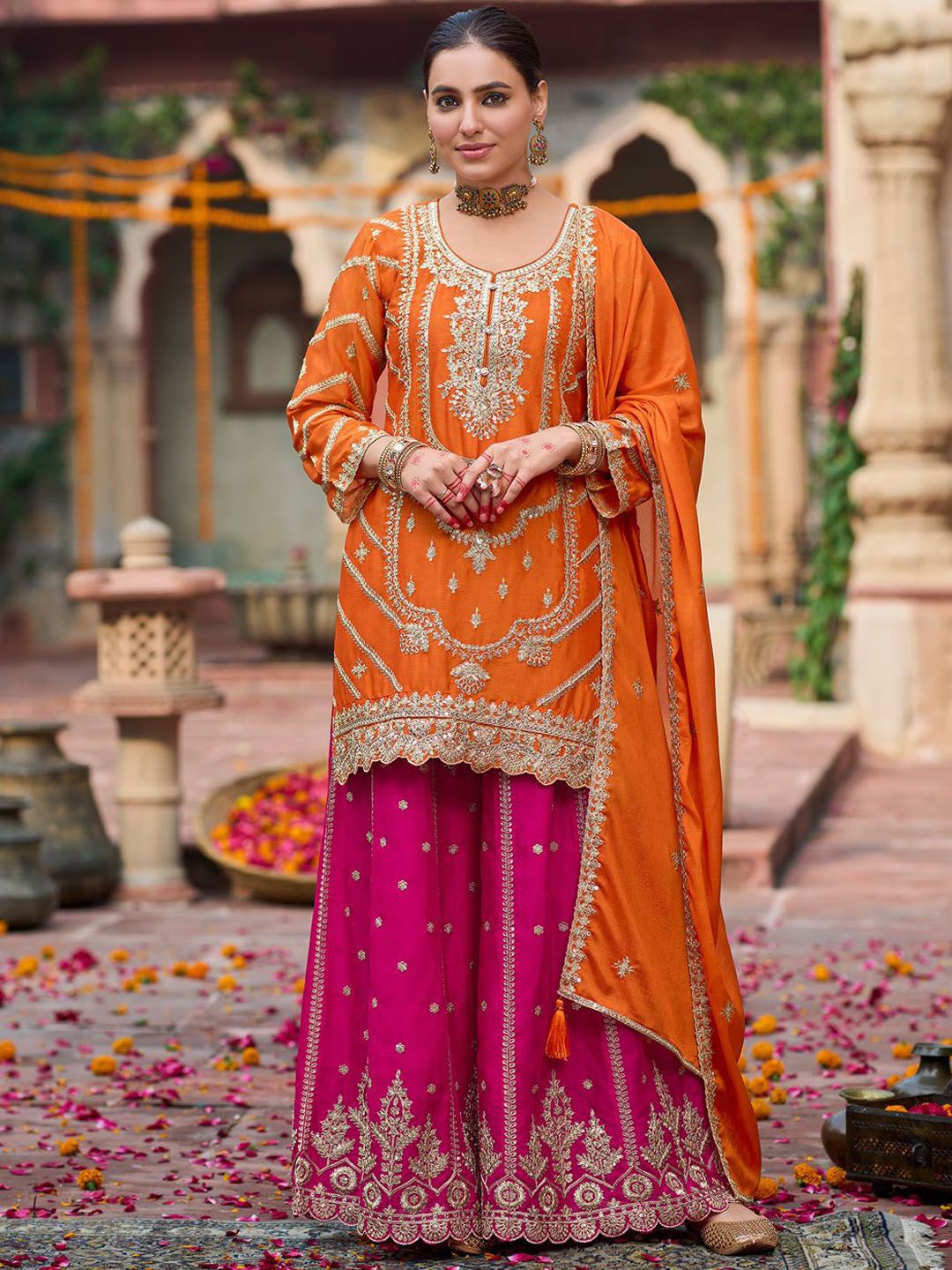 Floral Embroidered Sequinned Chinon Straight Kurta With Palazzos & Dupatta