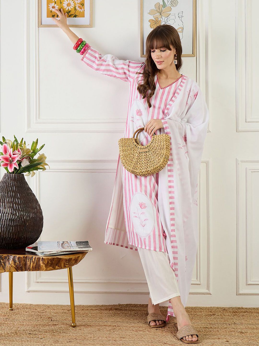 Striped Straight Kurta With Trouser & Dupatta