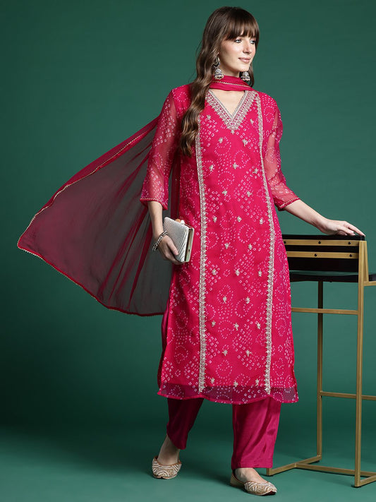 Dhiyona IE Ethnic Motifs Embroidered Regular Silk Chiffon Kurta with Trousers & Dupatta