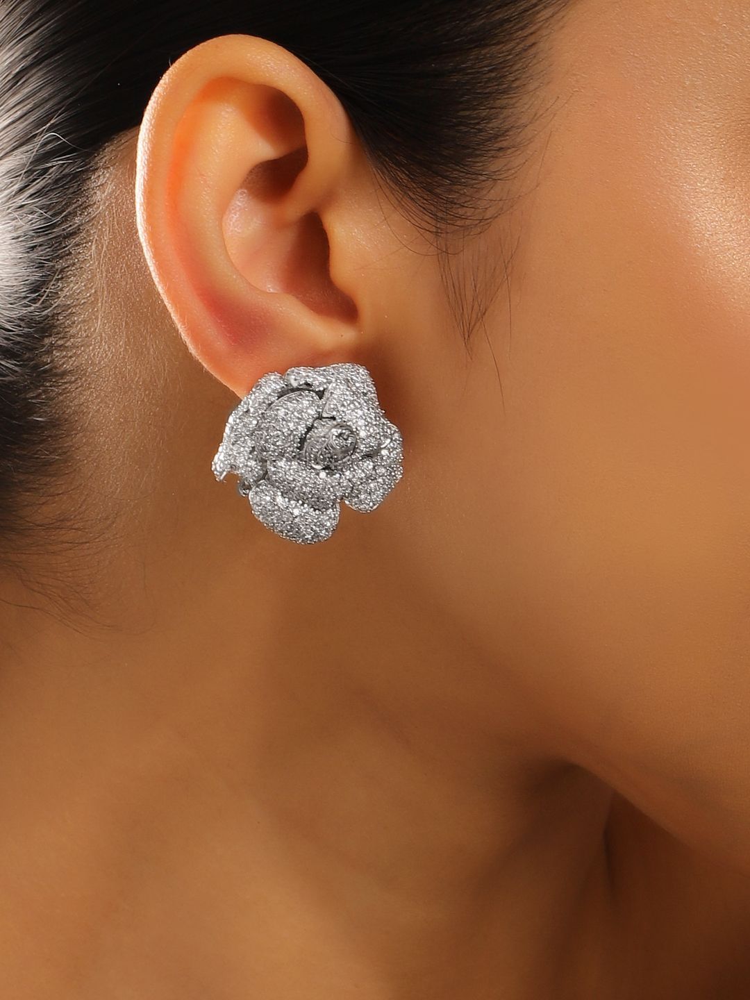 Dhiyona RJ Women's Rhodium-Plated White Cubic Zirconia Studded 3D Floral Rose Design Stud Earrings