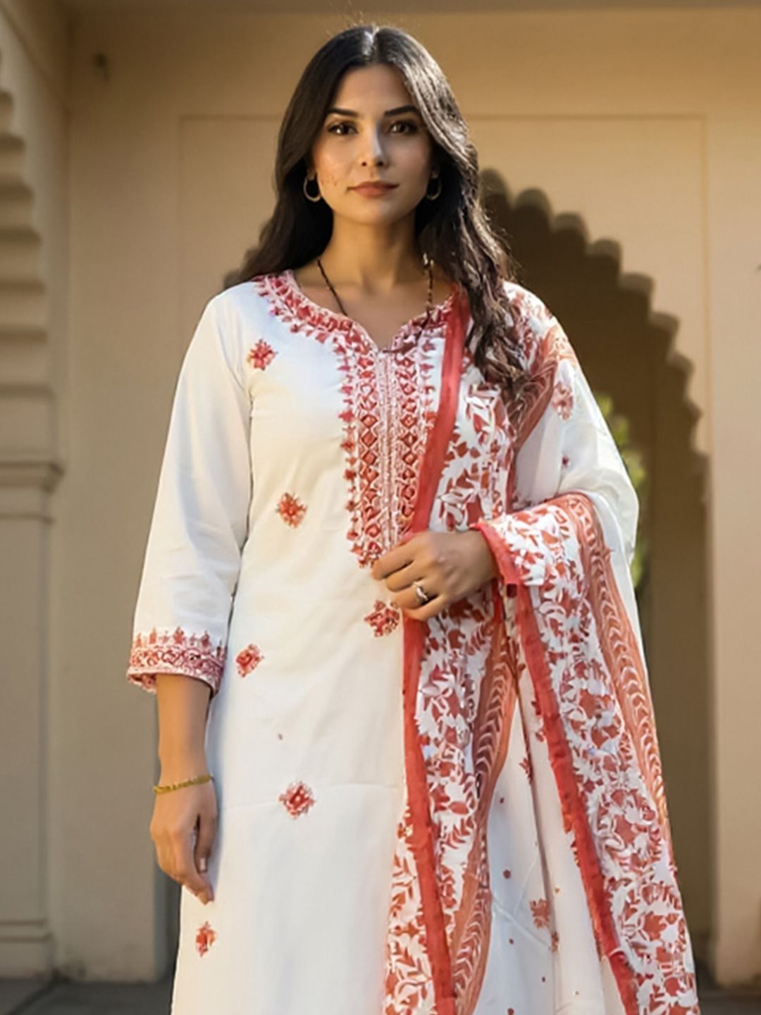 Dhiyona IE Floral Embroidered Pure Cotton Kurta With Trousers & Dupatta