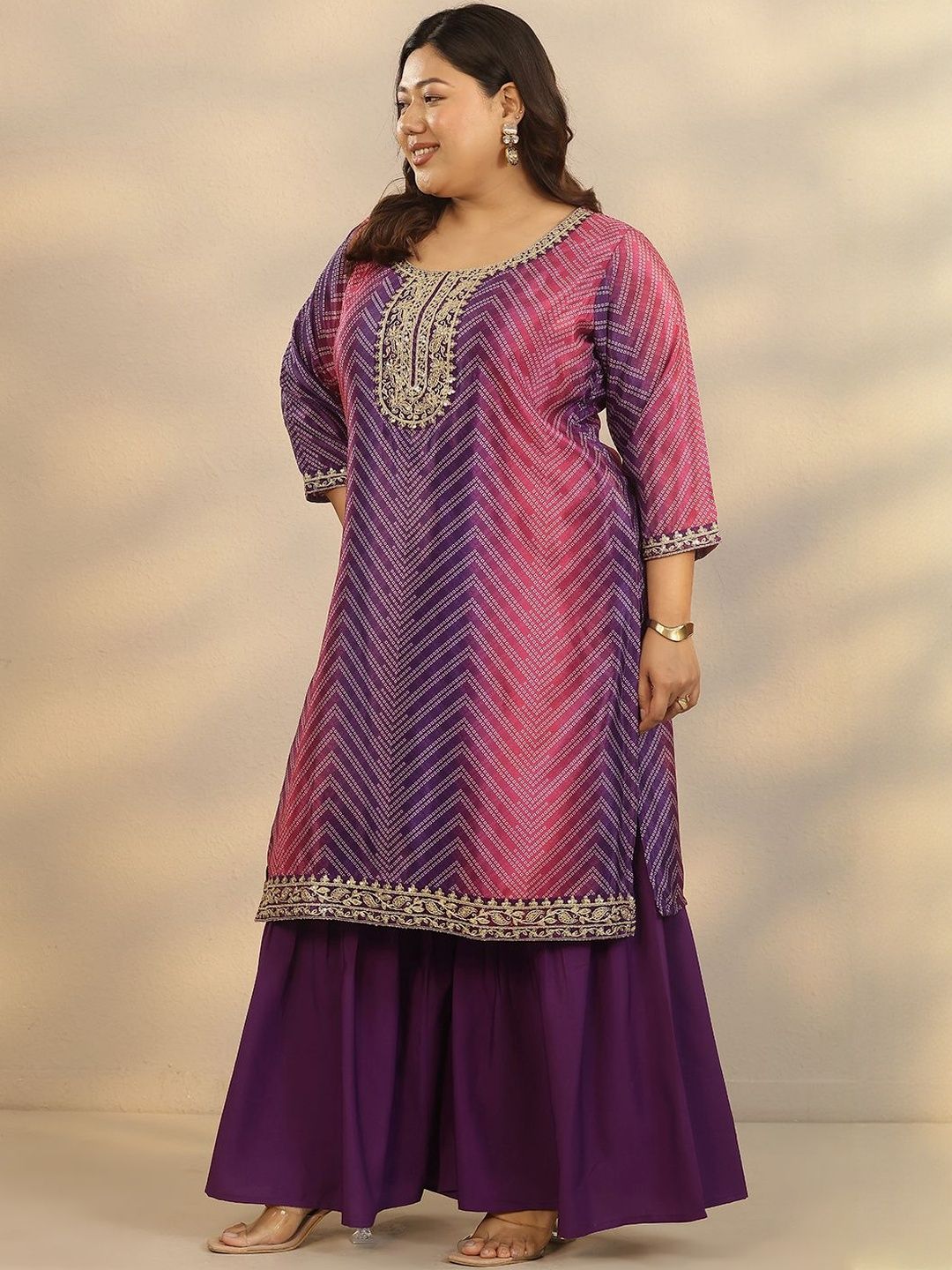 Dhiyona Women's Plus Size Printed Thread Work Kurta with Sharara & Dupatta