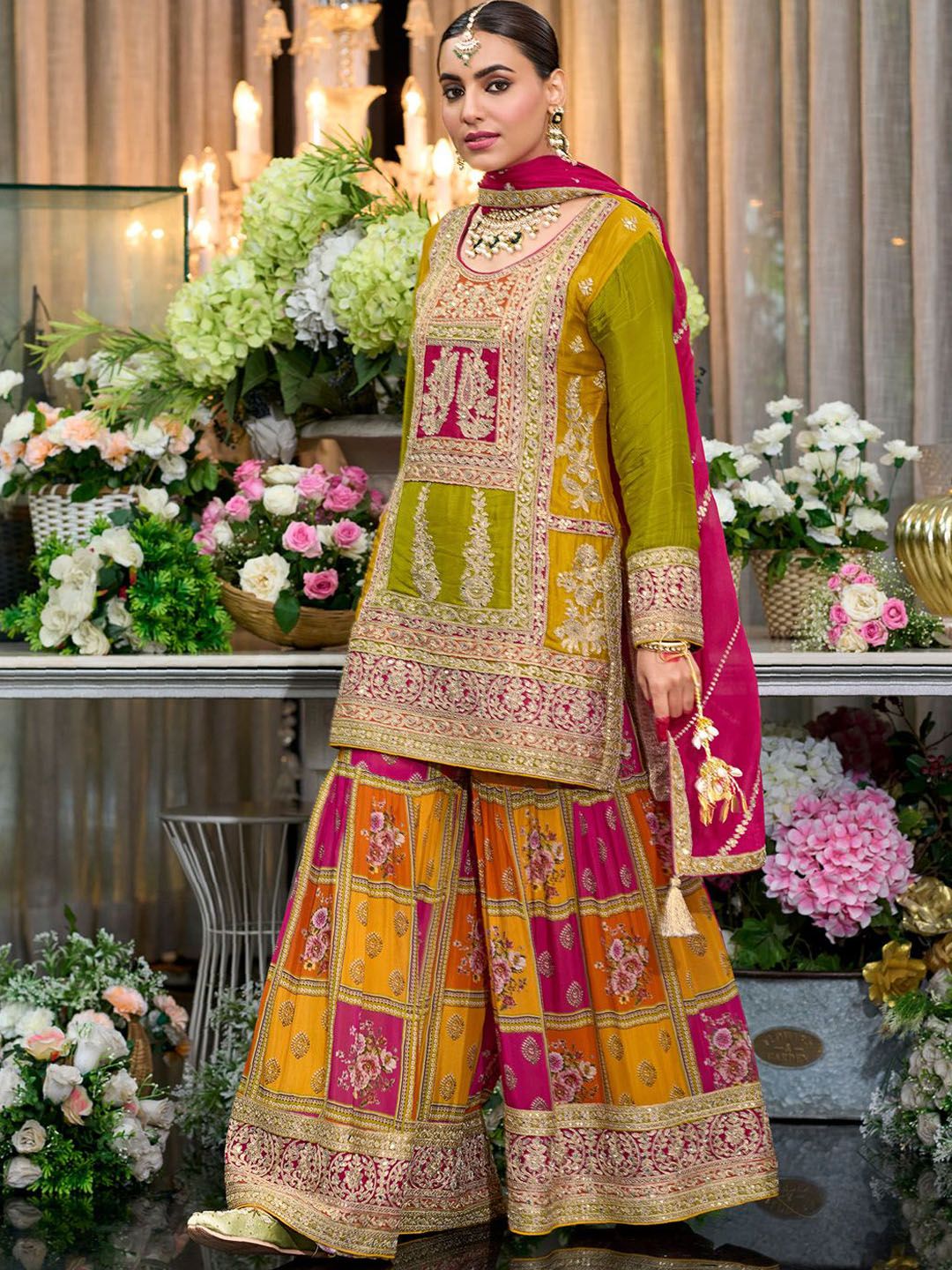 Dhiyona IE Floral Embroidered Sequinned Chinon Straight Kurta With Palazzos & Dupatta