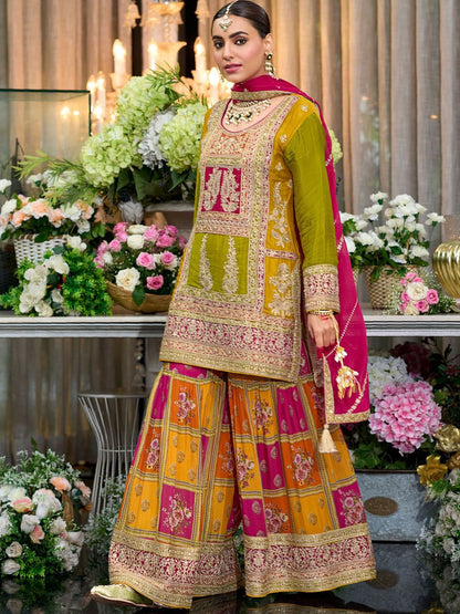 Dhiyona IE Floral Embroidered Sequinned Chinon Straight Kurta With Palazzos & Dupatta
