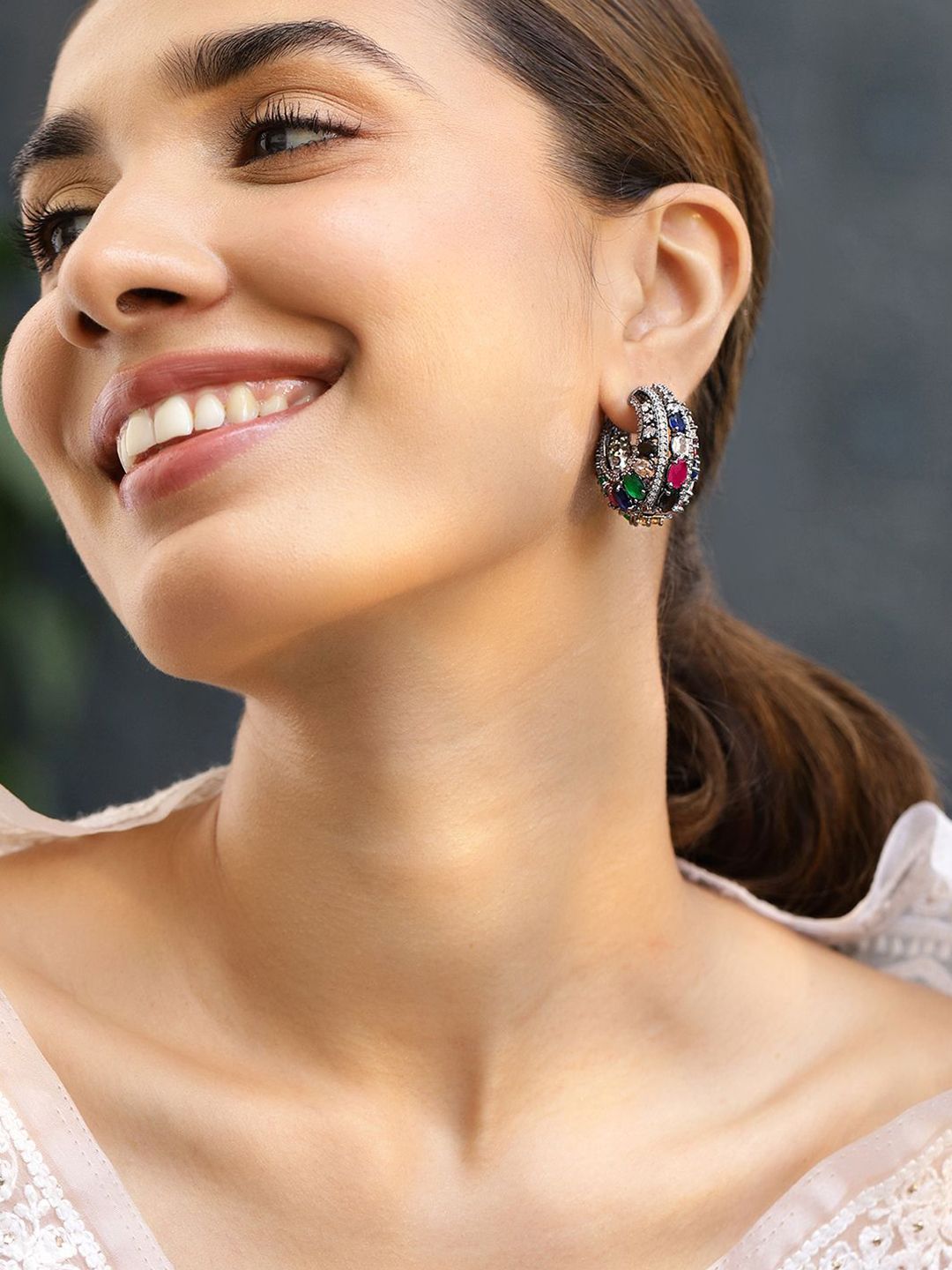 Dhiyona RJ Women's Black-Toned Multicolour Gemstone & Cubic Zirconia Studded Statement Hoop Earrings