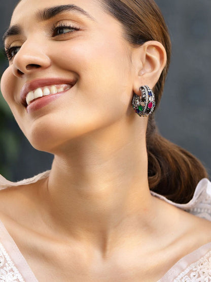 Dhiyona RJ Women's Black-Toned Multicolour Gemstone & Cubic Zirconia Studded Statement Hoop Earrings