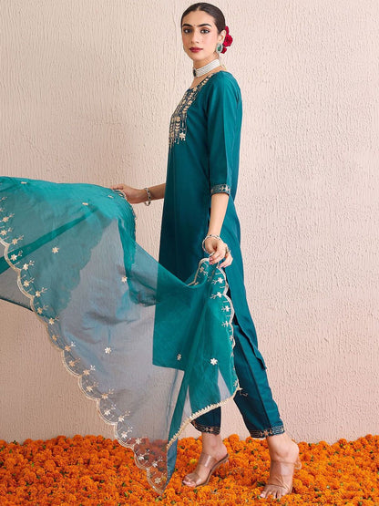 Dhiyona IE Women Floral Yoke Design Regular Gotta Patti Kurta with Trousers & With Dupatta