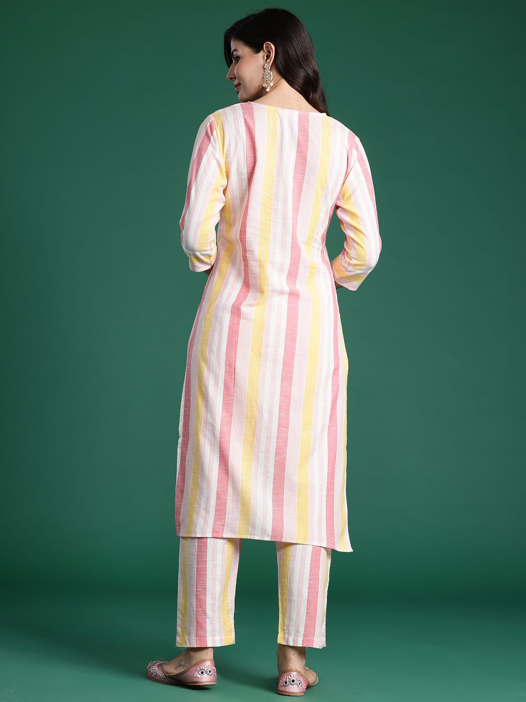 Striped Thread Work Pure Cotton Kurta with Trousers