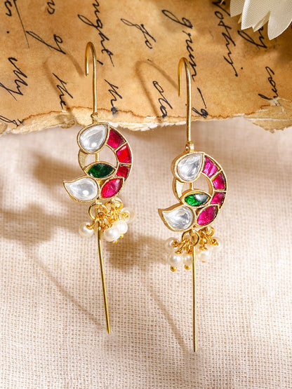 Dhiyona RJ Women's 22K Gold-Plated Ruby Pink, Emerald Green & White Kundan Studded Ear Cuff