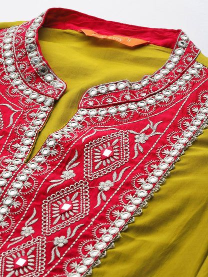 Dhiyona IE Mirror Work Embroidered Pleated Work Kurta with Trousers