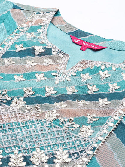 Dhiyona VA Women's Teal Leheriya Printed Gotta Patti Chanderi Cotton Kurta with Sharara & With Dupatta