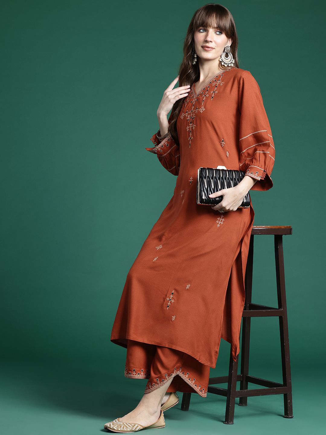 Embroidered Thread Work Kurta with Trousers