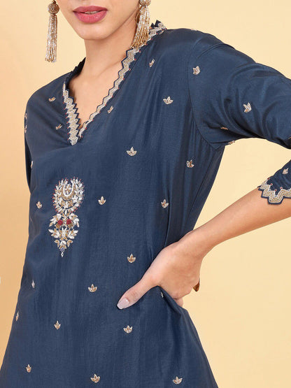Dhiyona SO Women's Women Navy Blue Floral Embroidered Thread Work Pure Silk Kurta with Trousers