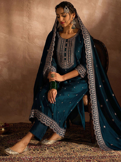 Ethnic Motifs Embroidered Thread Work Straight Kurta with Trouser & Dupatta