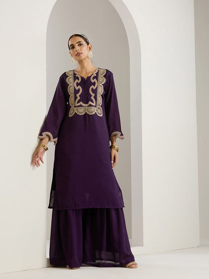 Dhiyona IS Women's Purple Ethnic Motifs Embroidered Chinon Straight Kurta With Sharara & Dupatta