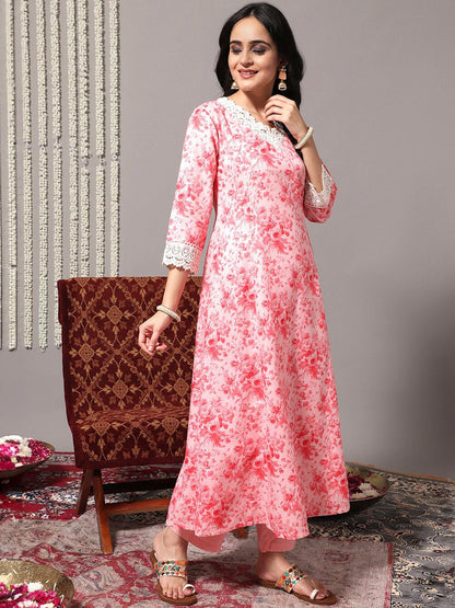 Dhiyona VA Women'sFloral Printed A-Line Kurta With Trousers & Dupatta