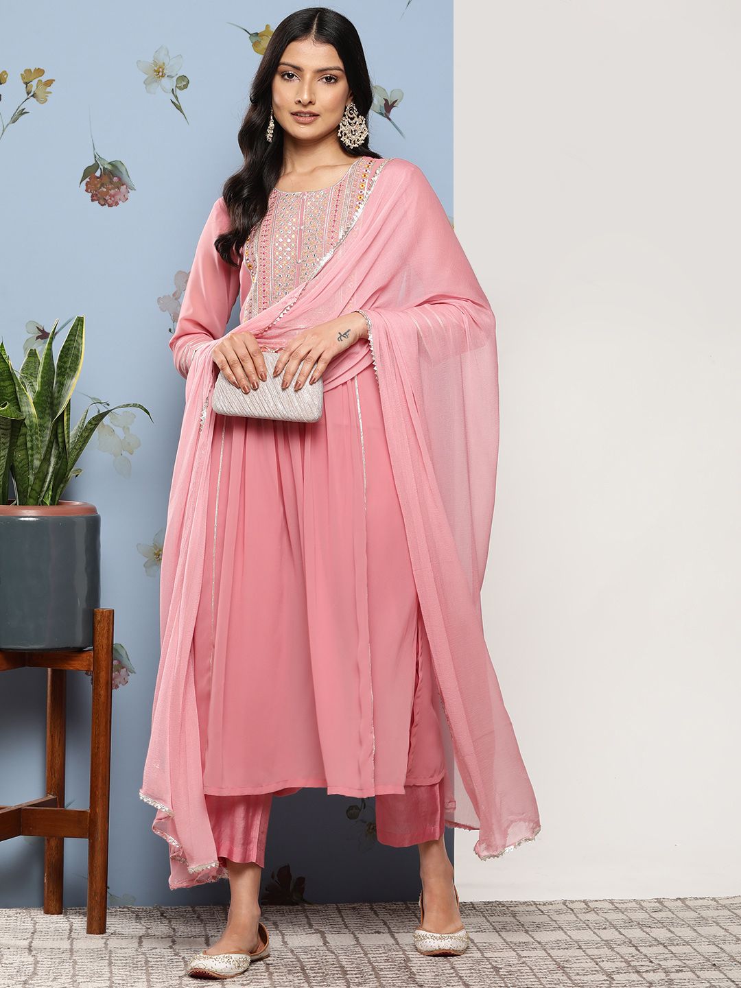 Dhiyona VA Women's Ethnic Motifs Embroidered Sequinned Silk Georgette Kurta Set