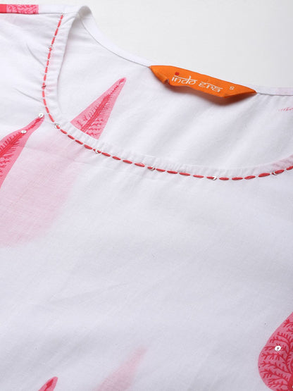 Floral Printed Sequinned Pure Cotton Kurta with Trousers & With Dupatta