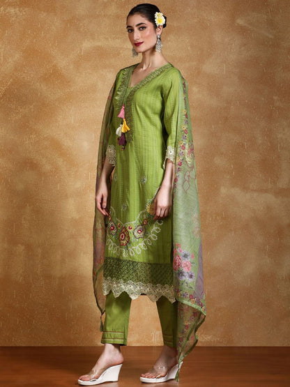 Dhiyona VA Women's Floral Embroidered Thread Work Pure Cotton Kurta with Trousers & Dupatta