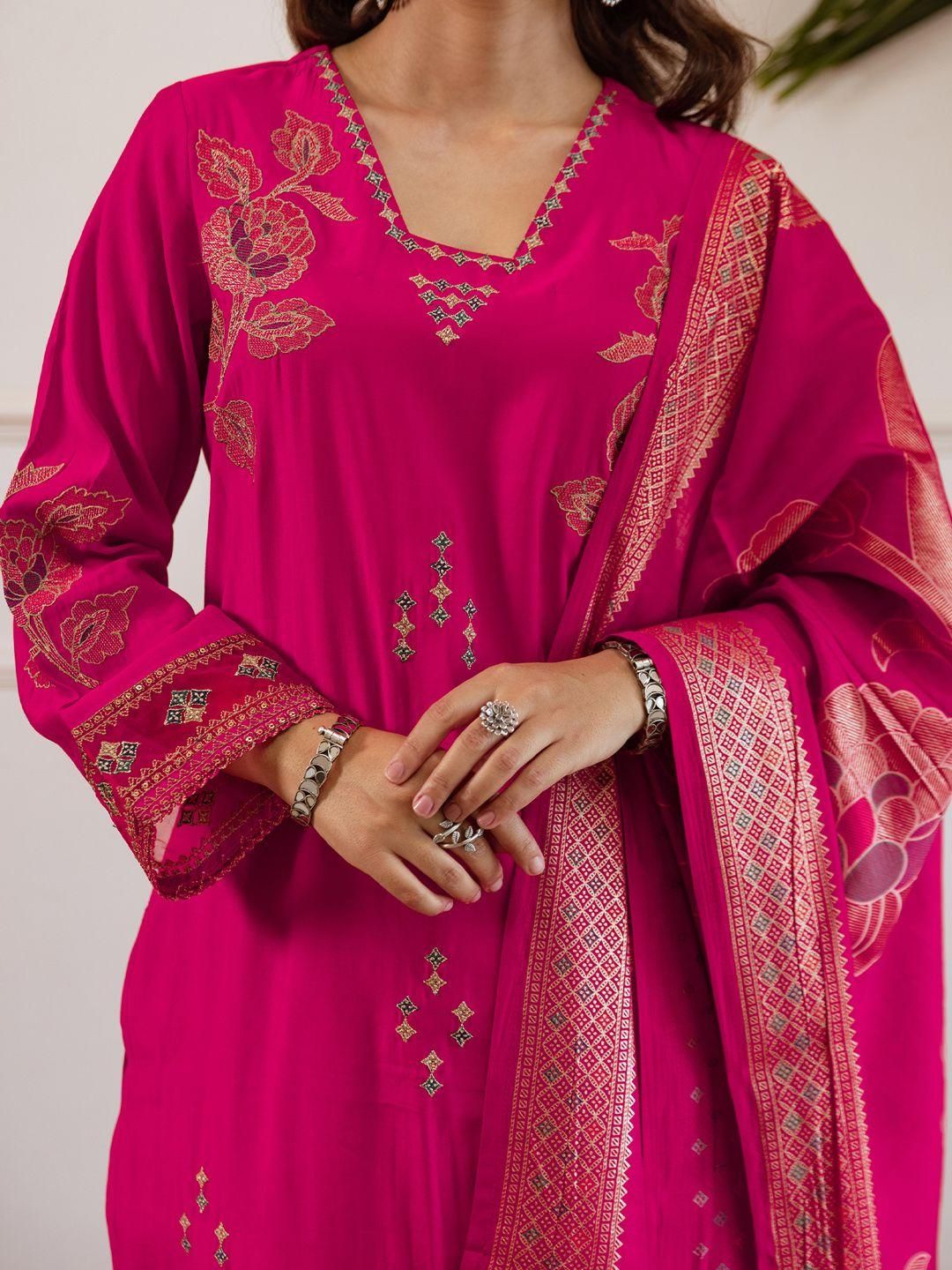 Women Floral Embroidered Thread Work Kurta with Palazzos & Dupatta