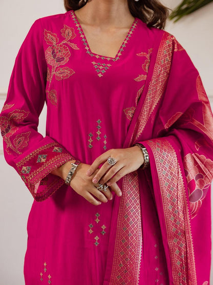 Women Floral Embroidered Thread Work Kurta with Palazzos & Dupatta