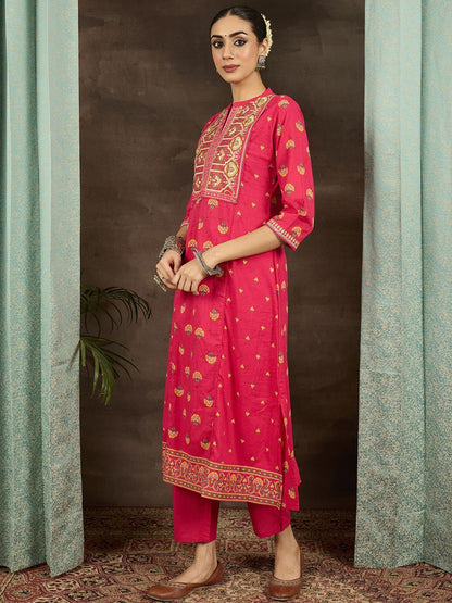 Dhiyona IE Women Ethnic Motifs Printed Thread Work Pure Cotton Kurta Trousers