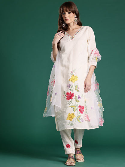 Floral Embroidered Thread Work Kurta with Trousers & With Dupatta