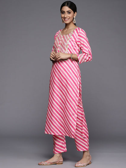 Dhiyona VA Women's Fuchsia Striped Gotta Patti Kurta with Trousers & With Dupatta