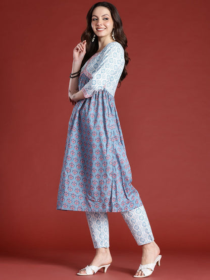 Dhiyona IE Floral Printed Empire Beads and Stones Pure Cotton Kurta with Trousers & Dupatta