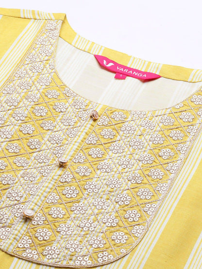 Dhiyona VA Women's Yellow Striped Sequinned Kurta with Trousers & With Dupatta