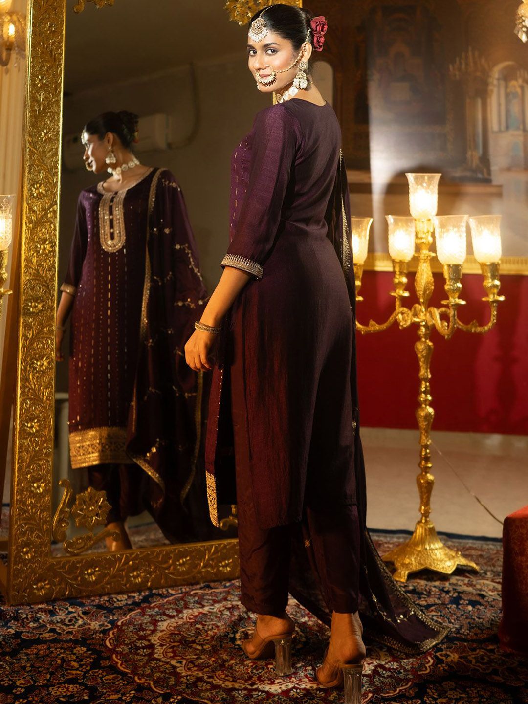 Sequinned Embroidered Round Neck Kurta With Trousers & Dupatta