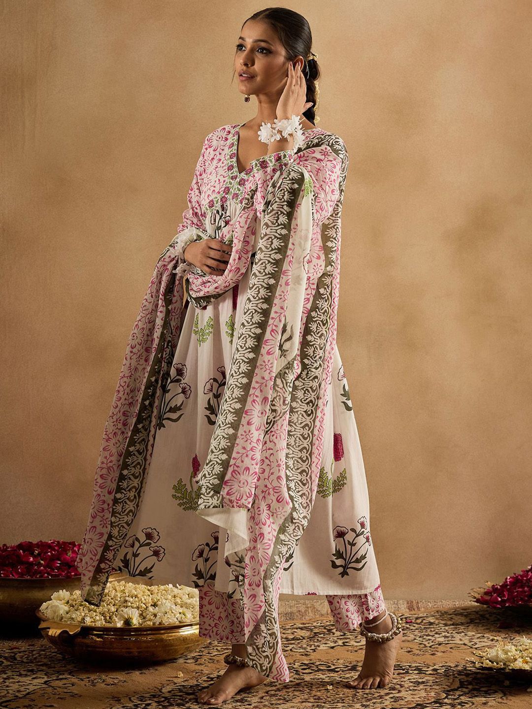 Floral Printed V-Neck Cotton Empire Anarkali Kurta With Trousers & Dupatta